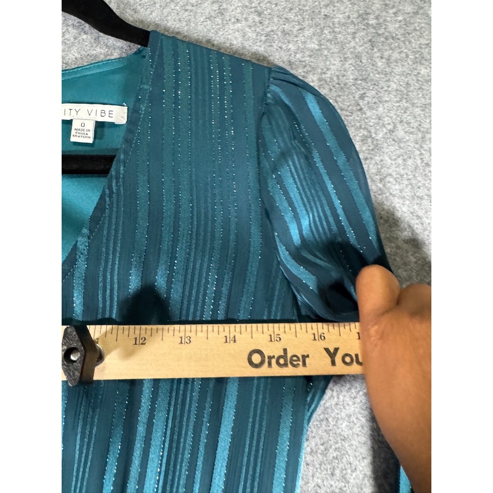 City Vibe Teal Blue Metallic Pinstripe Puff Sleeve Mini Dress Size 0‎ glam - Picture 4 of 9